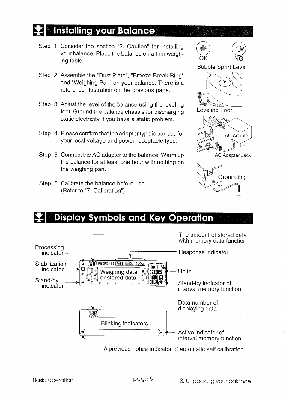Installing your balance, Display symbols and key oiserafion | A&D GR Series GR-300 User Manual | Page 10 / 74