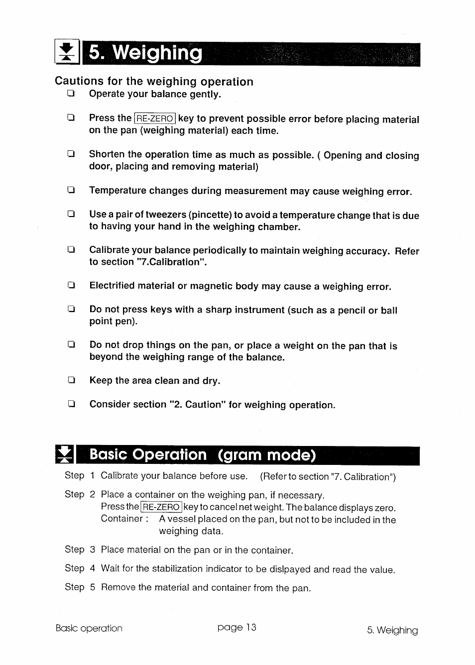 Wéighing, Weighing, Basic operation (gram mode) | Cautions for the weighing operation | A&D GR Series GR-300 User Manual | Page 14 / 74
