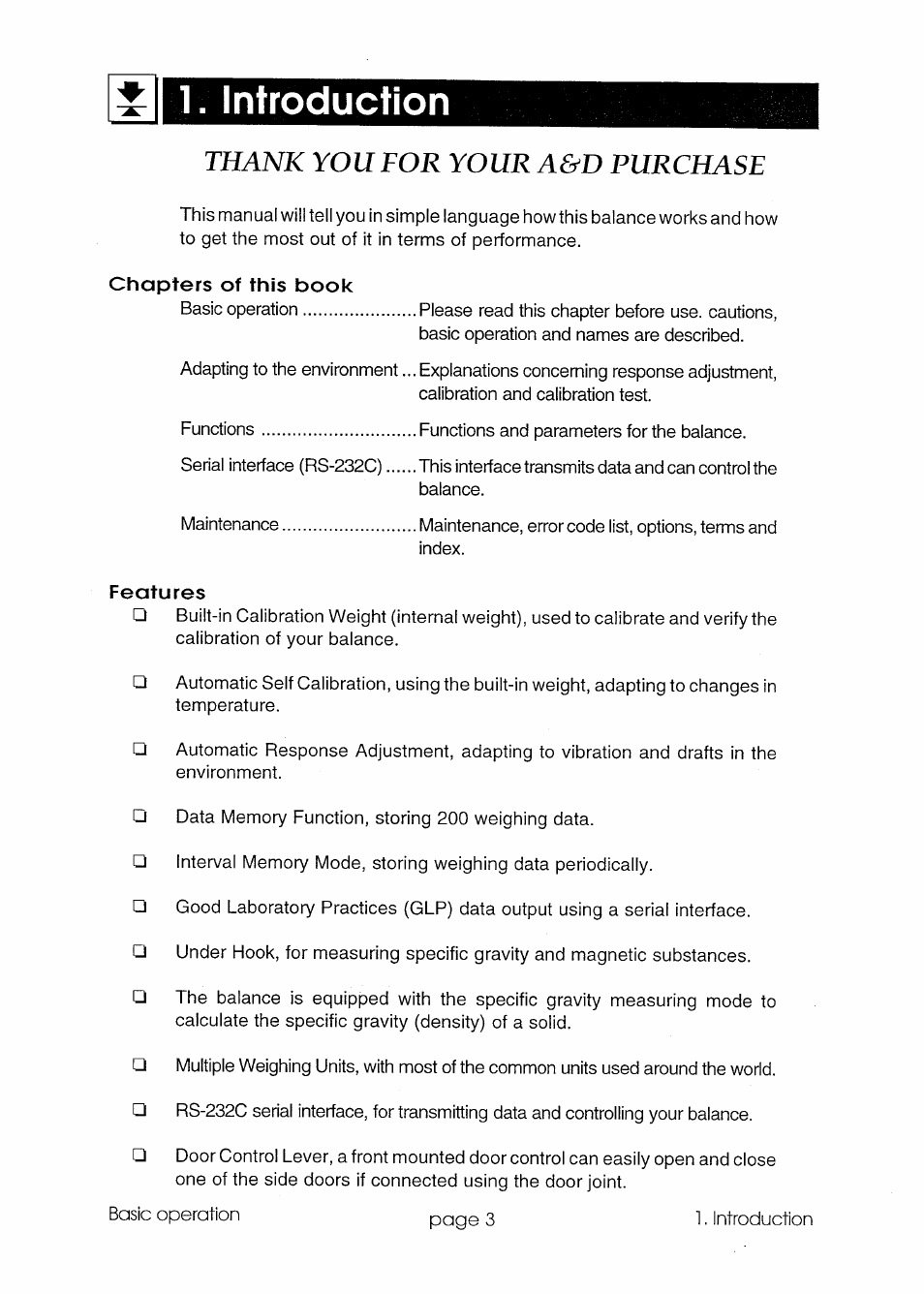 Introduction, Chapters of this book, Features | A&D GR Series GR-300 User Manual | Page 4 / 74
