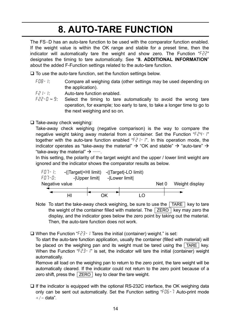 Auto-tare function | A&D FS-D User Manual | Page 16 / 24