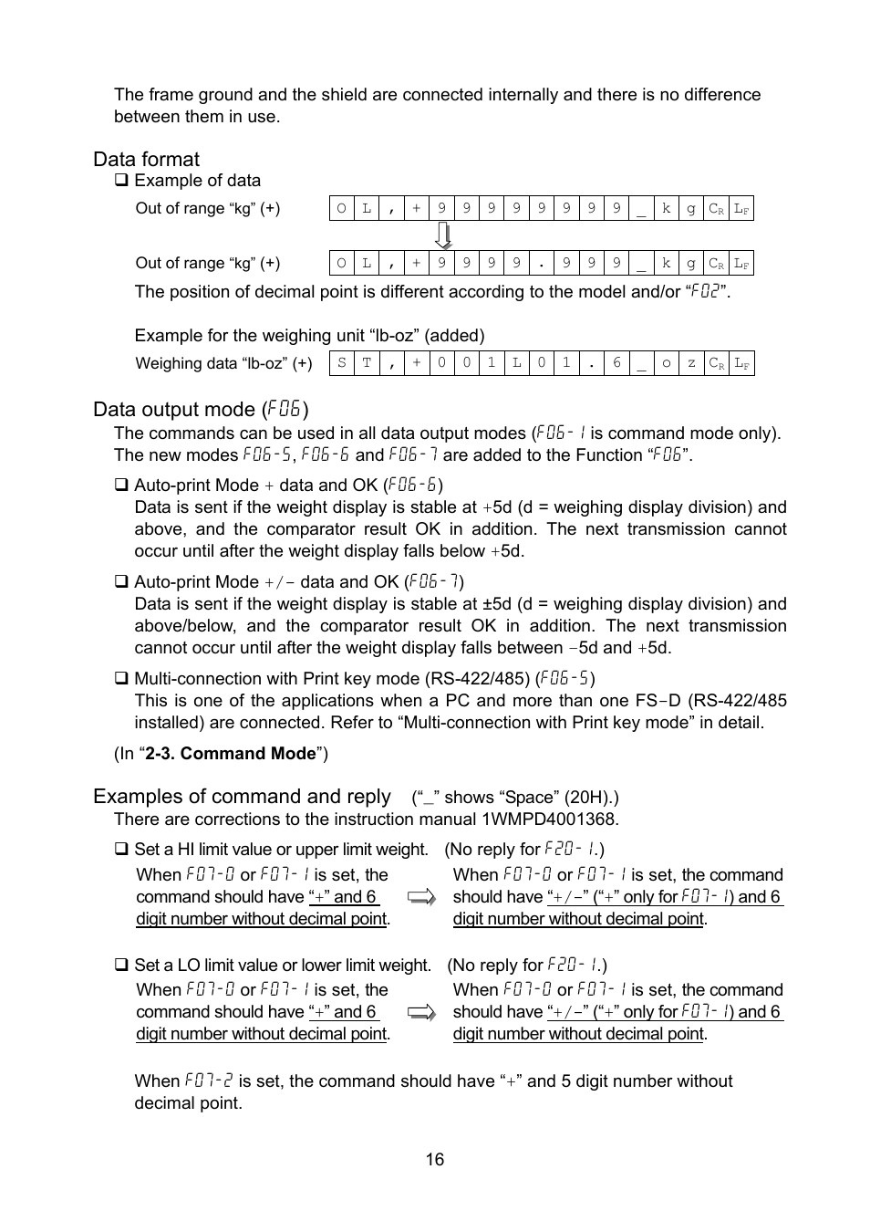 Data format, Data output mode (f06), Examples of command and reply | A&D FS-D User Manual | Page 18 / 24