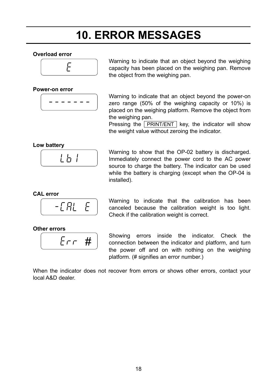 Error messages, E --- - ------- --- lb1 -- -- -cal - e --- err | A&D FS-D User Manual | Page 20 / 24