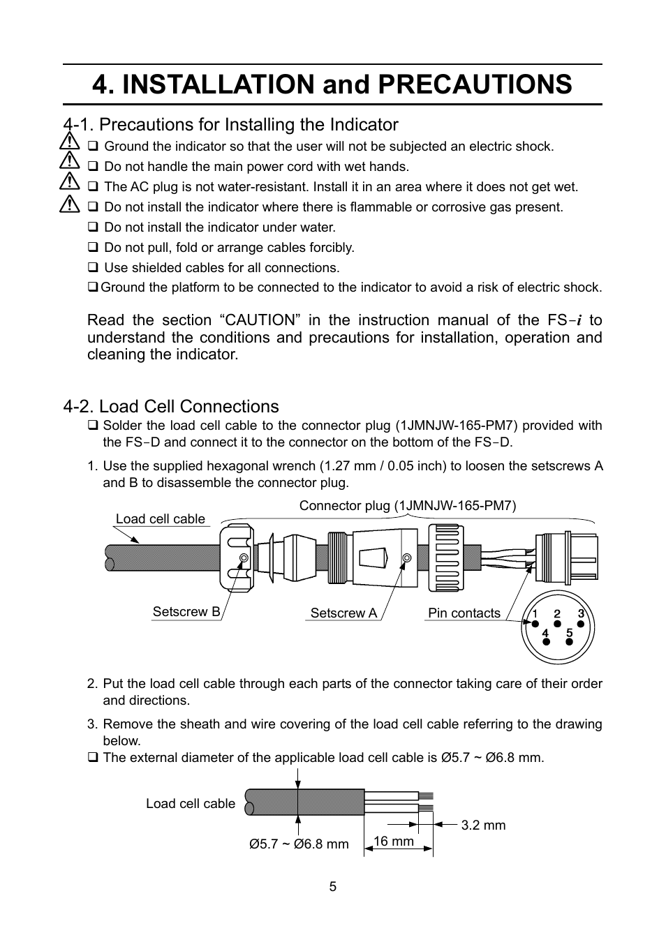 Installation and precautions, 1. precautions for installing the indicator, 2. load cell connections | A&D FS-D User Manual | Page 7 / 24