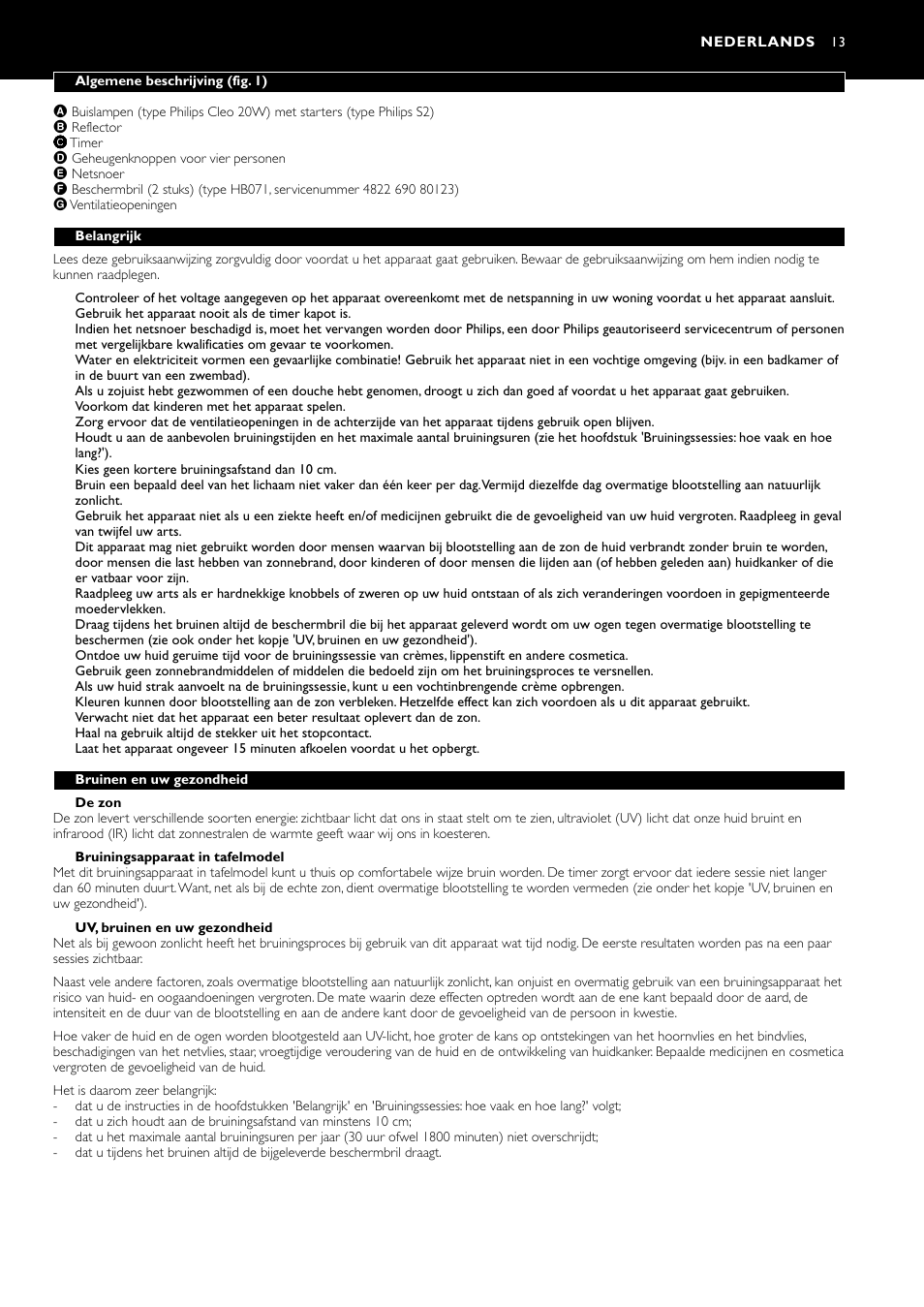 Nederlands 13 | Philips Oberkörperbräuner User Manual | Page 13 / 28