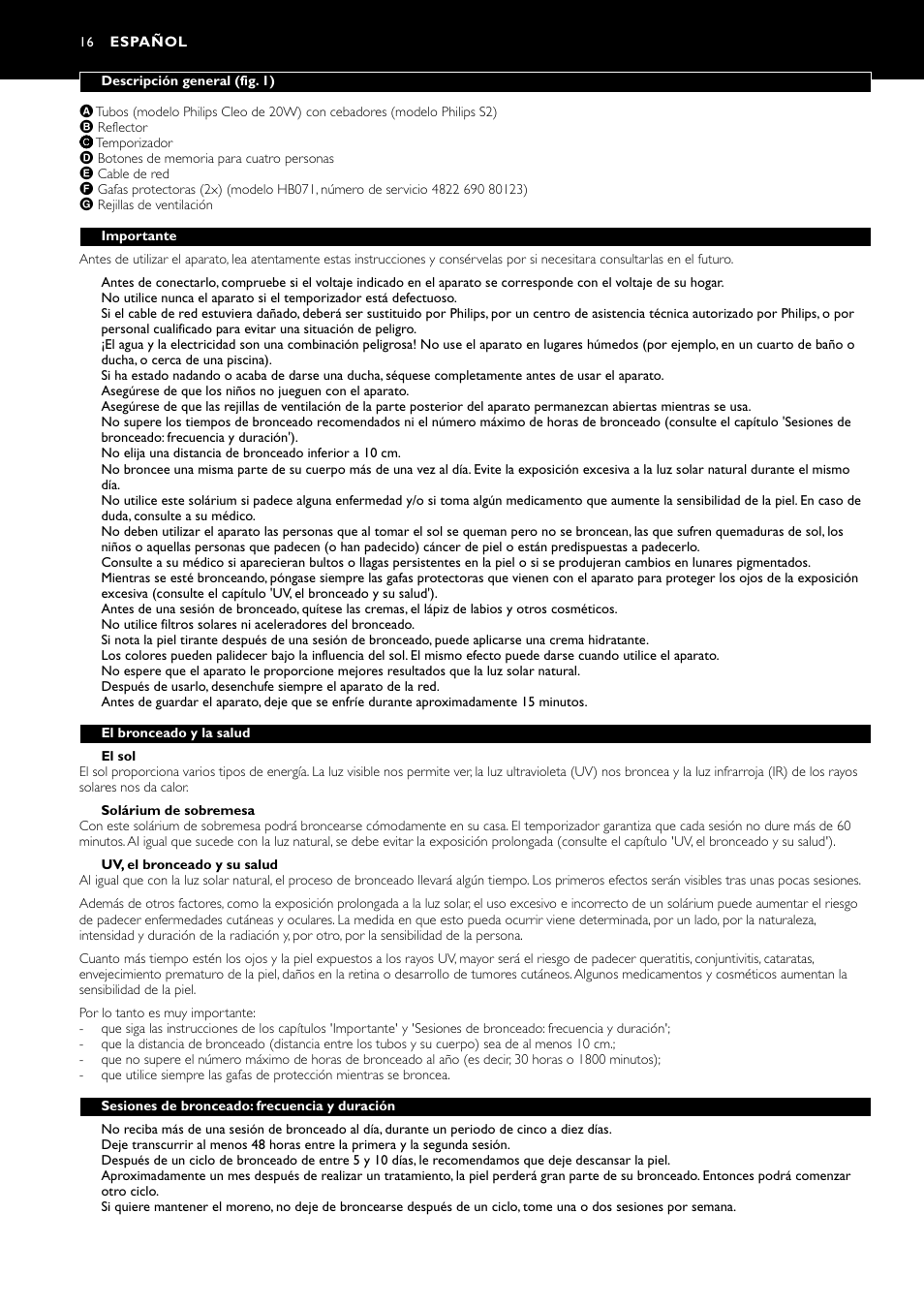 Español 16 | Philips Oberkörperbräuner User Manual | Page 16 / 28