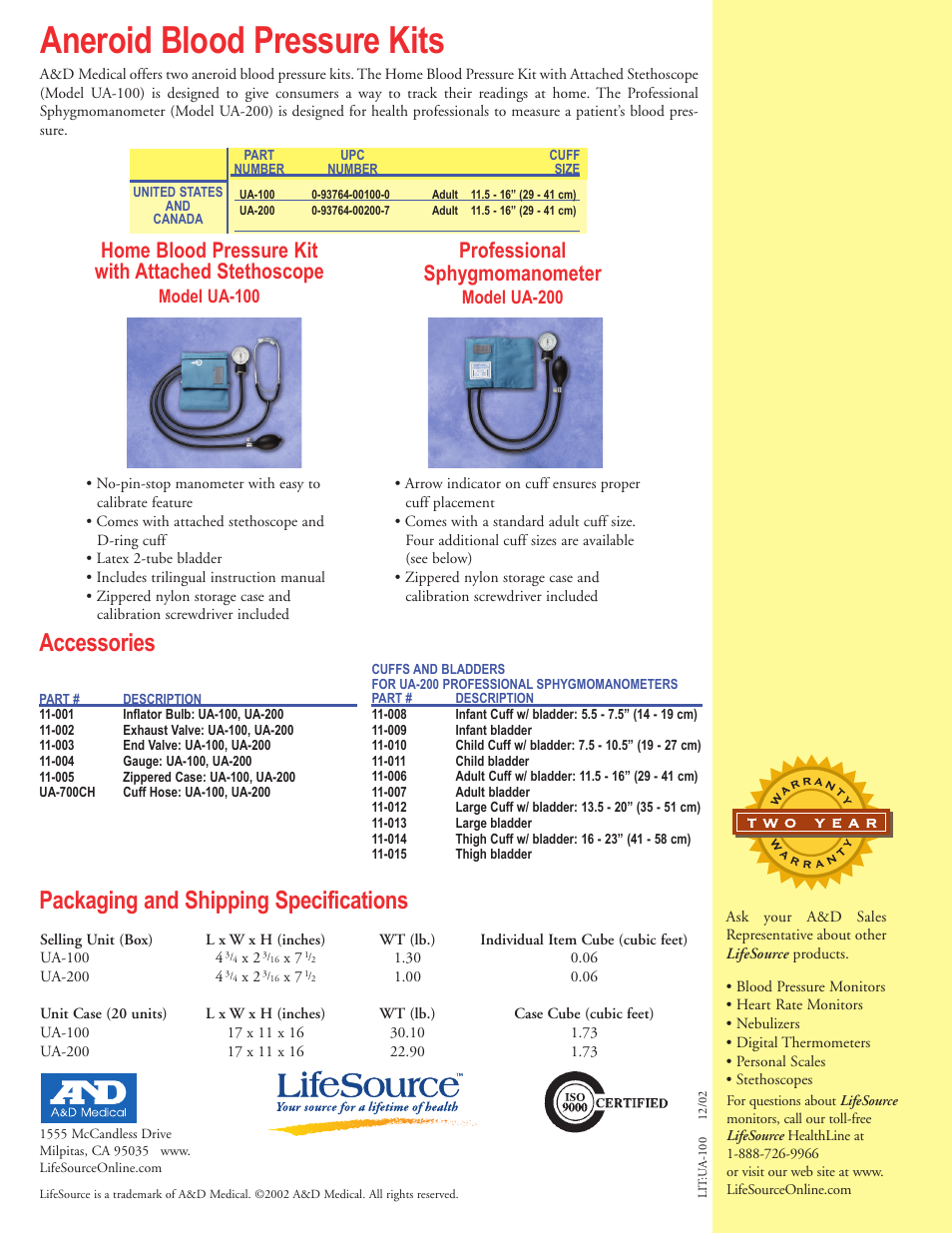 Aneroid blood pressure kits, Packaging and shipping specifications, Accessories | Home blood pressure kit with attached stethoscope, Professional sphygmomanometer, Model ua-100, Model ua-200 | A&D Aneroid Blood Pressure Kit UA-100 User Manual | Page 2 / 2