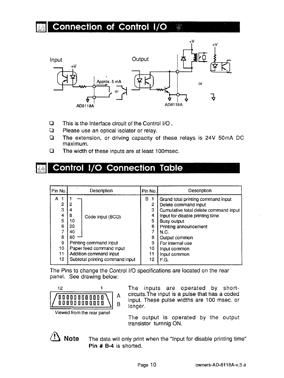 Connection of control i/o, Control i/o connection table | A&D Journal Printer AD-8118A User Manual | Page 11 / 32