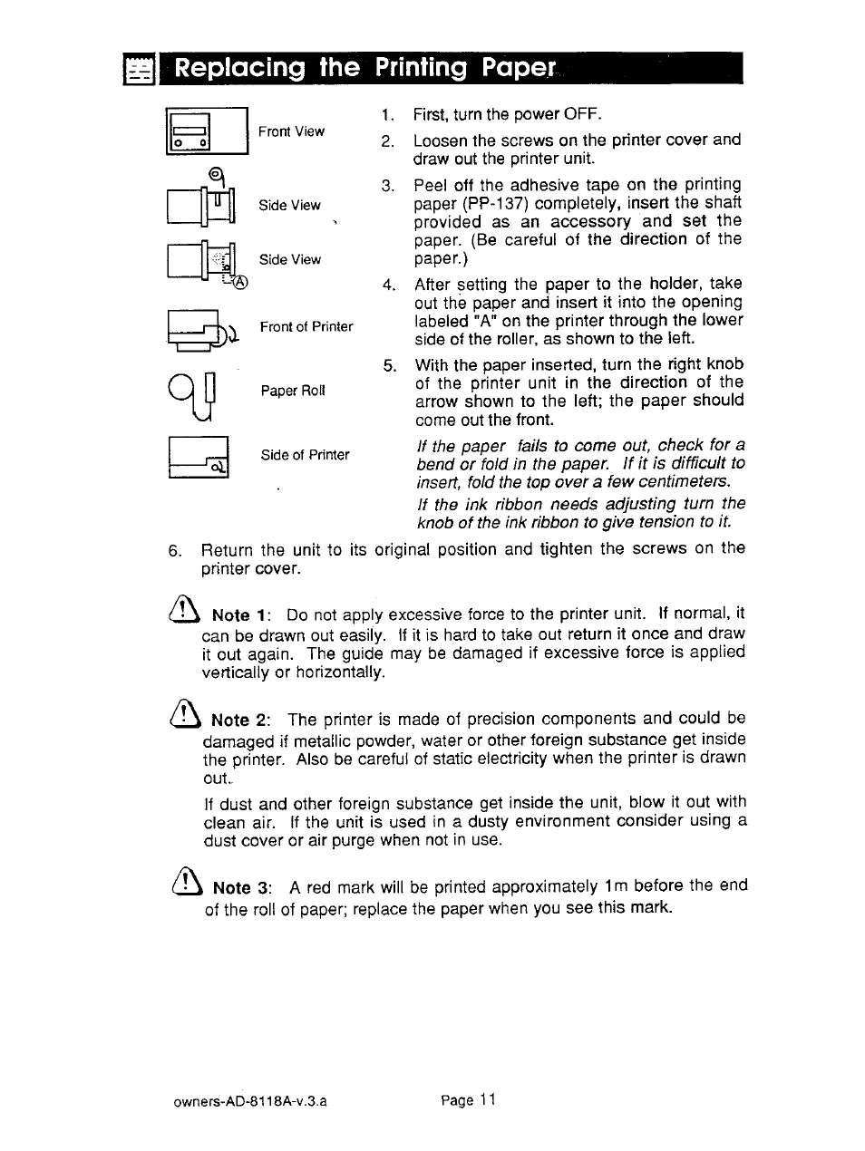 Replacing the printing paper | A&D Journal Printer AD-8118A User Manual | Page 12 / 32