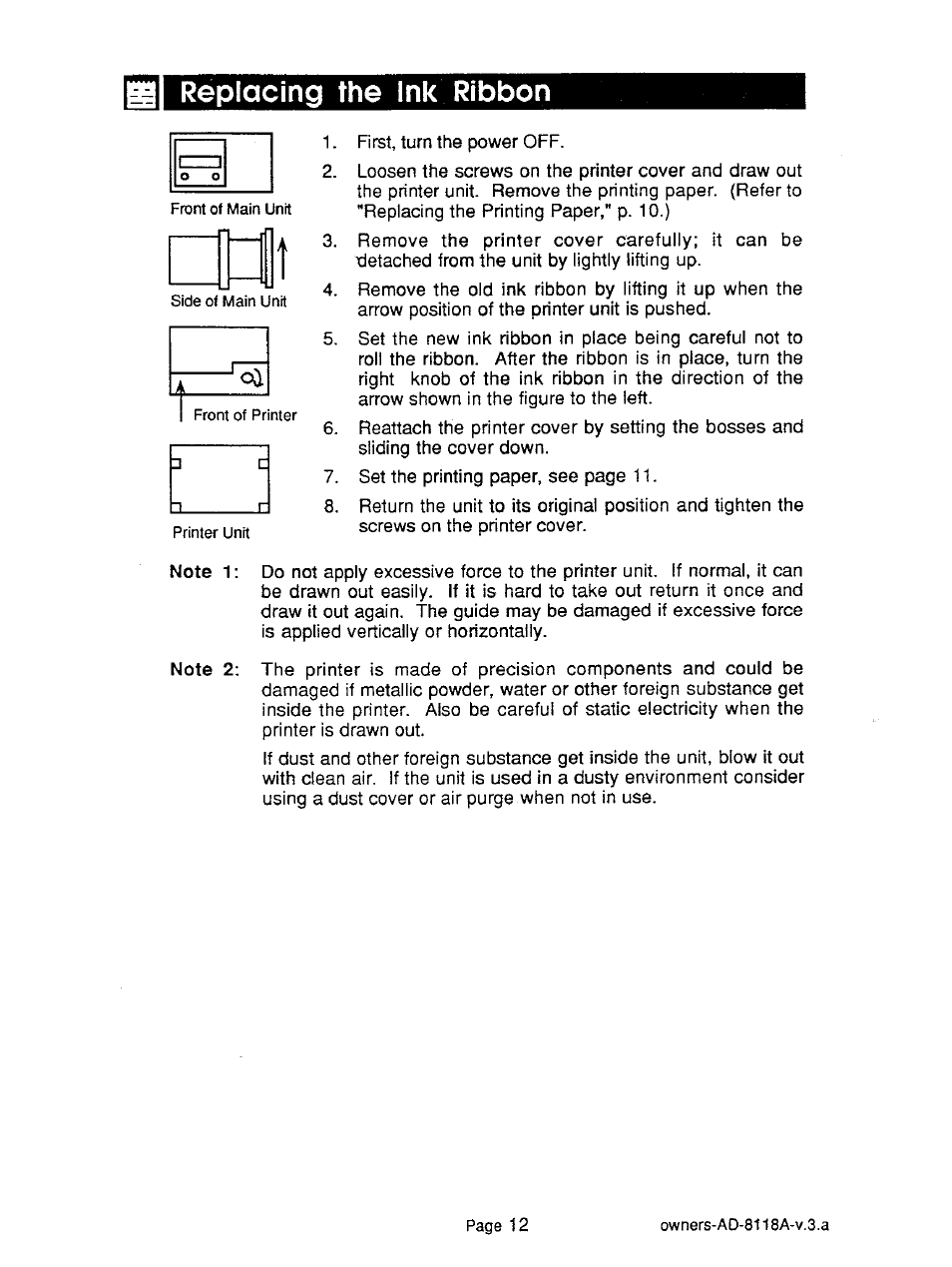 Replacing the ink ribbon | A&D Journal Printer AD-8118A User Manual | Page 13 / 32