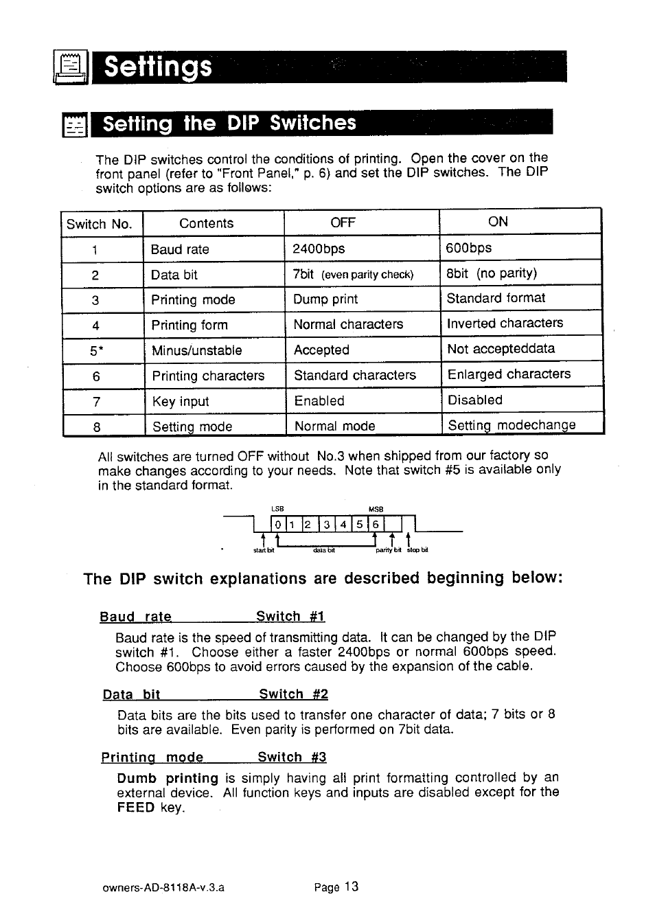 Settings, Setting the dip switches | A&D Journal Printer AD-8118A User Manual | Page 14 / 32