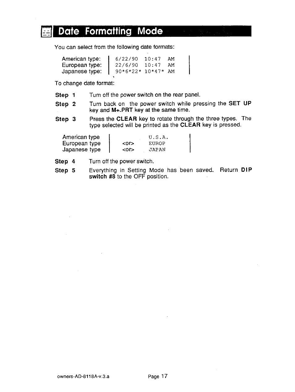 Date formatting mode, Step 3 | A&D Journal Printer AD-8118A User Manual | Page 18 / 32