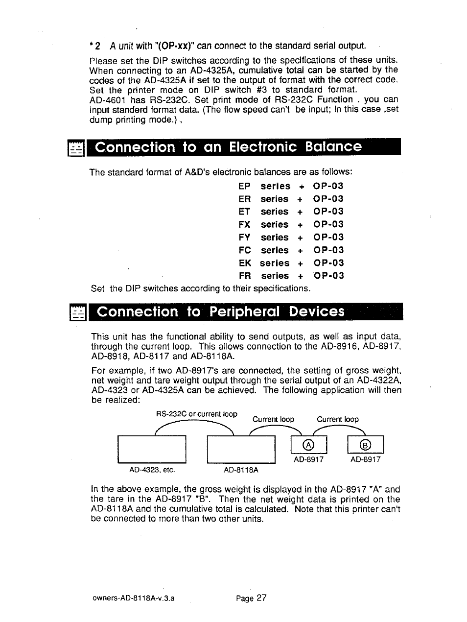 Connection to an electronic balance, Connection to peripheral devices | A&D Journal Printer AD-8118A User Manual | Page 28 / 32