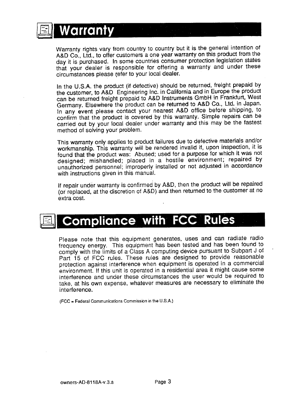 Compliance with fcc rules, Warranty | A&D Journal Printer AD-8118A User Manual | Page 4 / 32