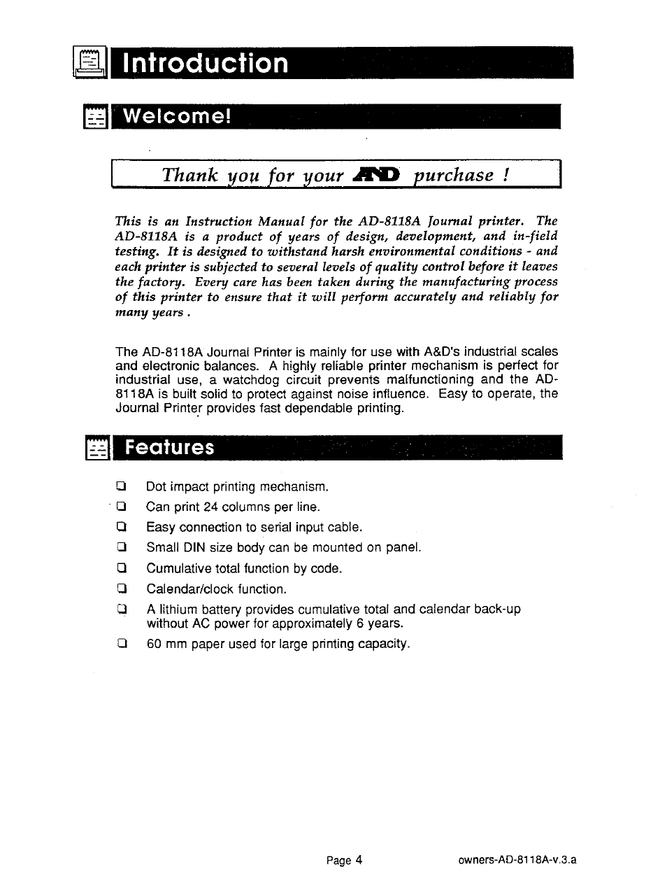 Introduction, Welcome, Features | A&D Journal Printer AD-8118A User Manual | Page 5 / 32