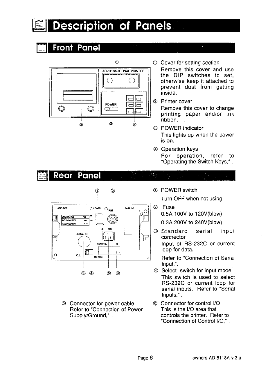 Description of panels, Front panel, Rear panel | A&D Journal Printer AD-8118A User Manual | Page 7 / 32