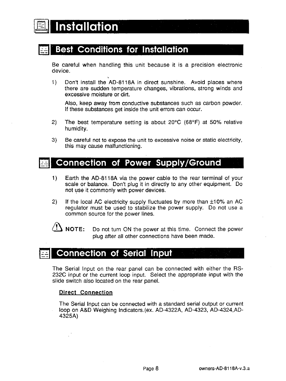 Installation, Best conditions for installation, Connection of power supply/ground | Connection of serial lnp>ut, Direct connection | A&D Journal Printer AD-8118A User Manual | Page 9 / 32