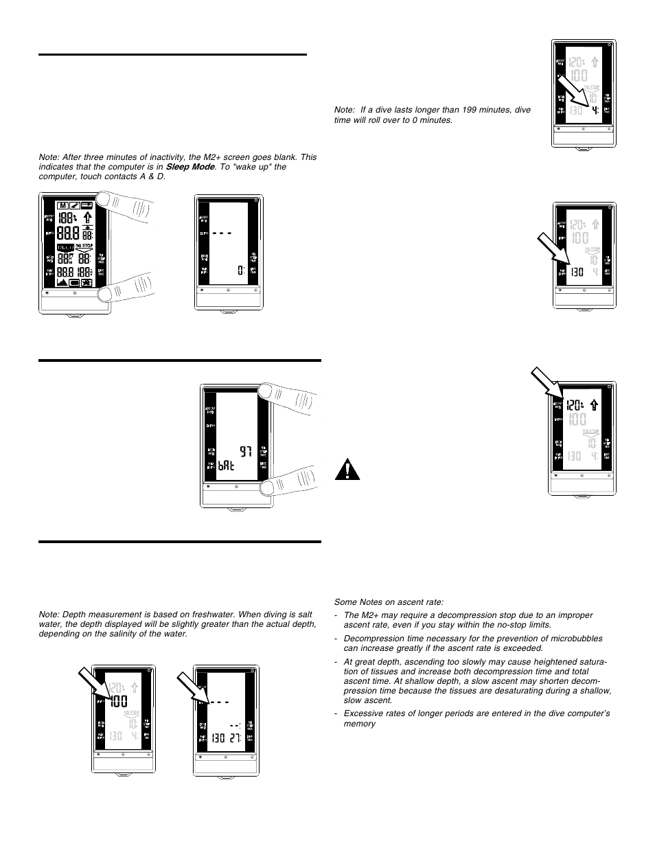 Activating the computer, Checking the battery power, Functions during the dive | Current depth, Dive time, Maximum depth, Ascent rate, Current depth dive time maximum depth ascent rate | A&D 2 Plus User Manual | Page 3 / 10