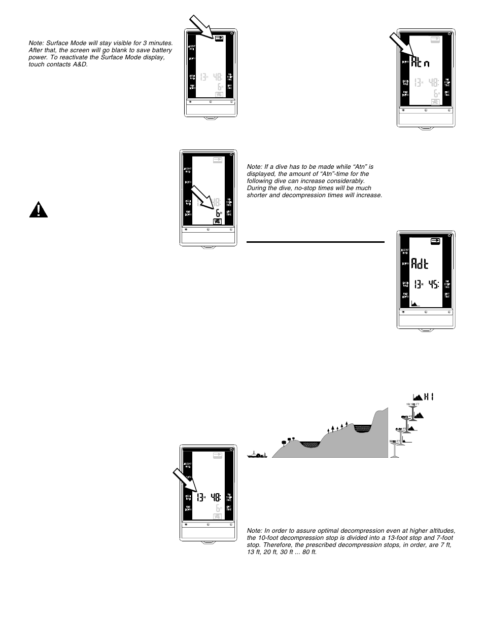 Surface mode, Surface mode icon, Wait-to-fly time | Desaturation time, Surface interval time, Microbubble warning, Diving at altitude, Altitude sectors | A&D 2 Plus User Manual | Page 5 / 10