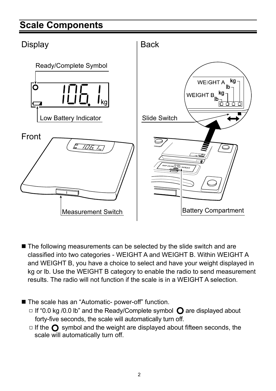 Scale components, Display back, Front | A&D Precision Health Scale UC-321PBT-C User Manual | Page 3 / 12