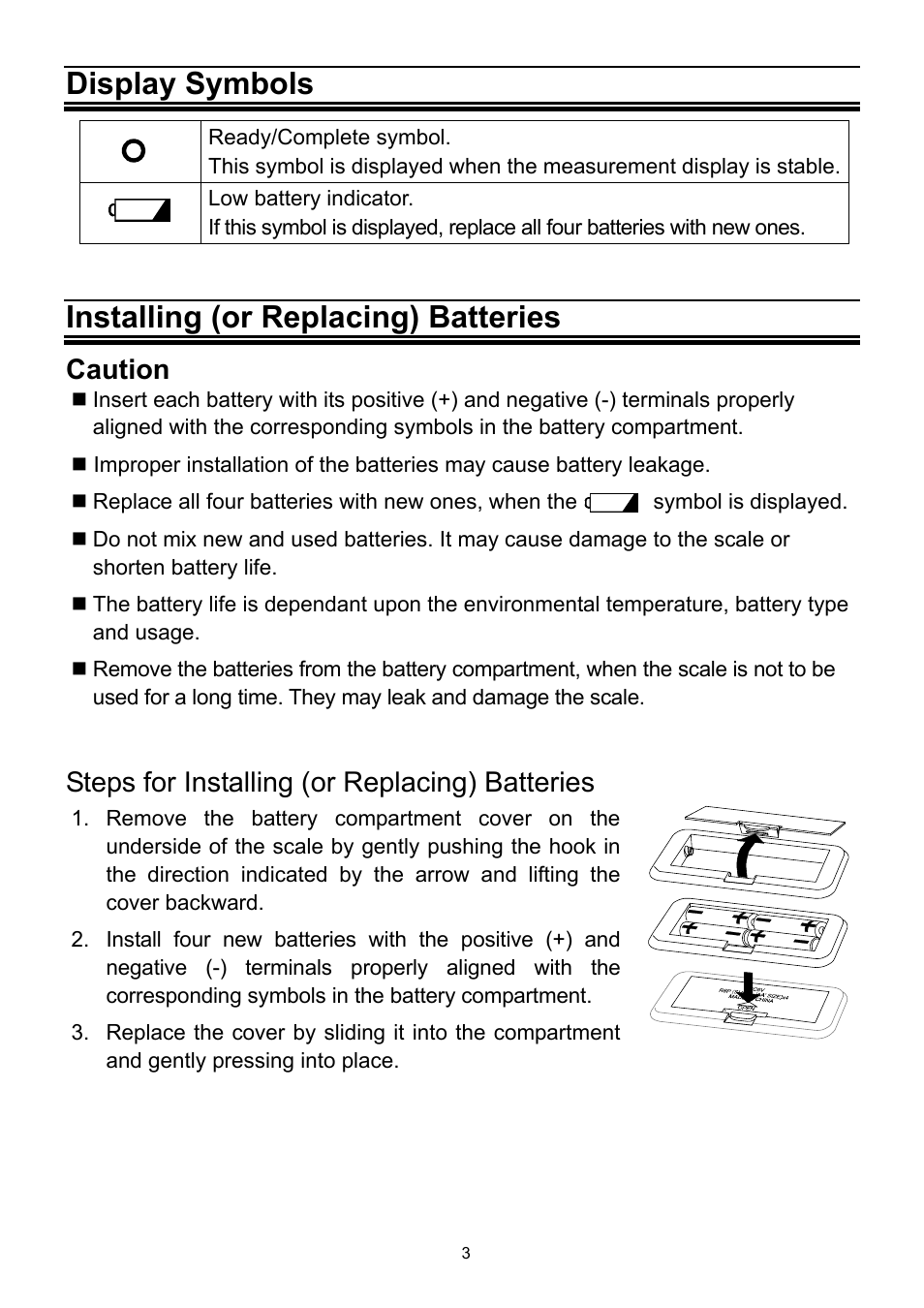 Display symbols, Installing (or replacing) batteries, Caution | Steps for installing (or replacing) batteries | A&D Precision Health Scale UC-321PBT-C User Manual | Page 4 / 12