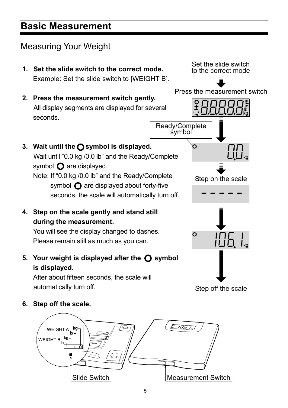 Basic measurement, Measuring your weight | A&D Precision Health Scale UC-321PBT-C User Manual | Page 6 / 12