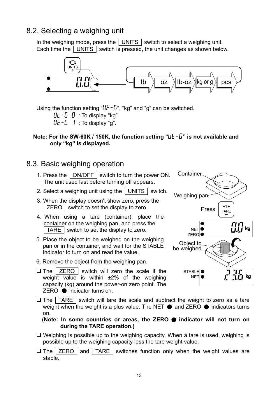 Selecting a weighing unit, Basic weighing operation | A&D Super Wash Down Scales SW-150KL User Manual | Page 15 / 46