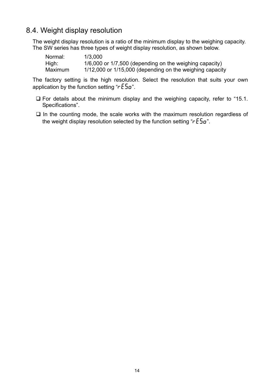 Weight display resolution | A&D Super Wash Down Scales SW-150KL User Manual | Page 16 / 46