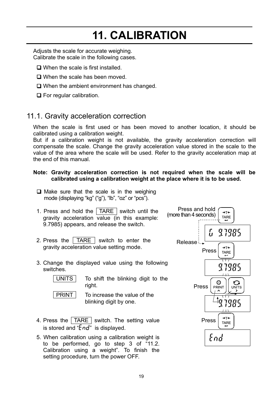 Calibration, Gravity acceleration correction | A&D Super Wash Down Scales SW-150KL User Manual | Page 21 / 46