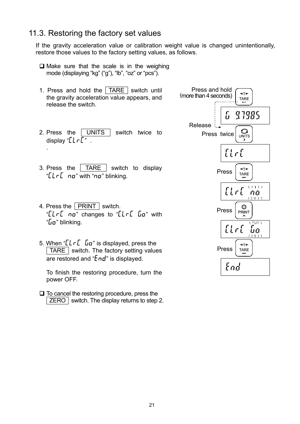 Restoring the factory set values | A&D Super Wash Down Scales SW-150KL User Manual | Page 23 / 46