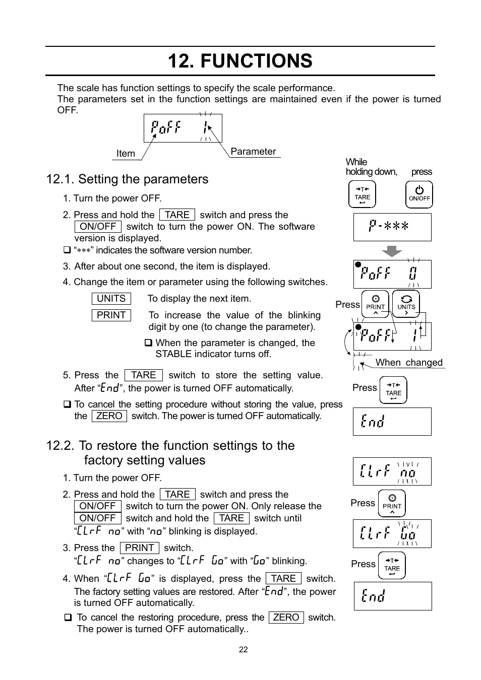 Functions, Setting the parameters | A&D Super Wash Down Scales SW-150KL User Manual | Page 24 / 46