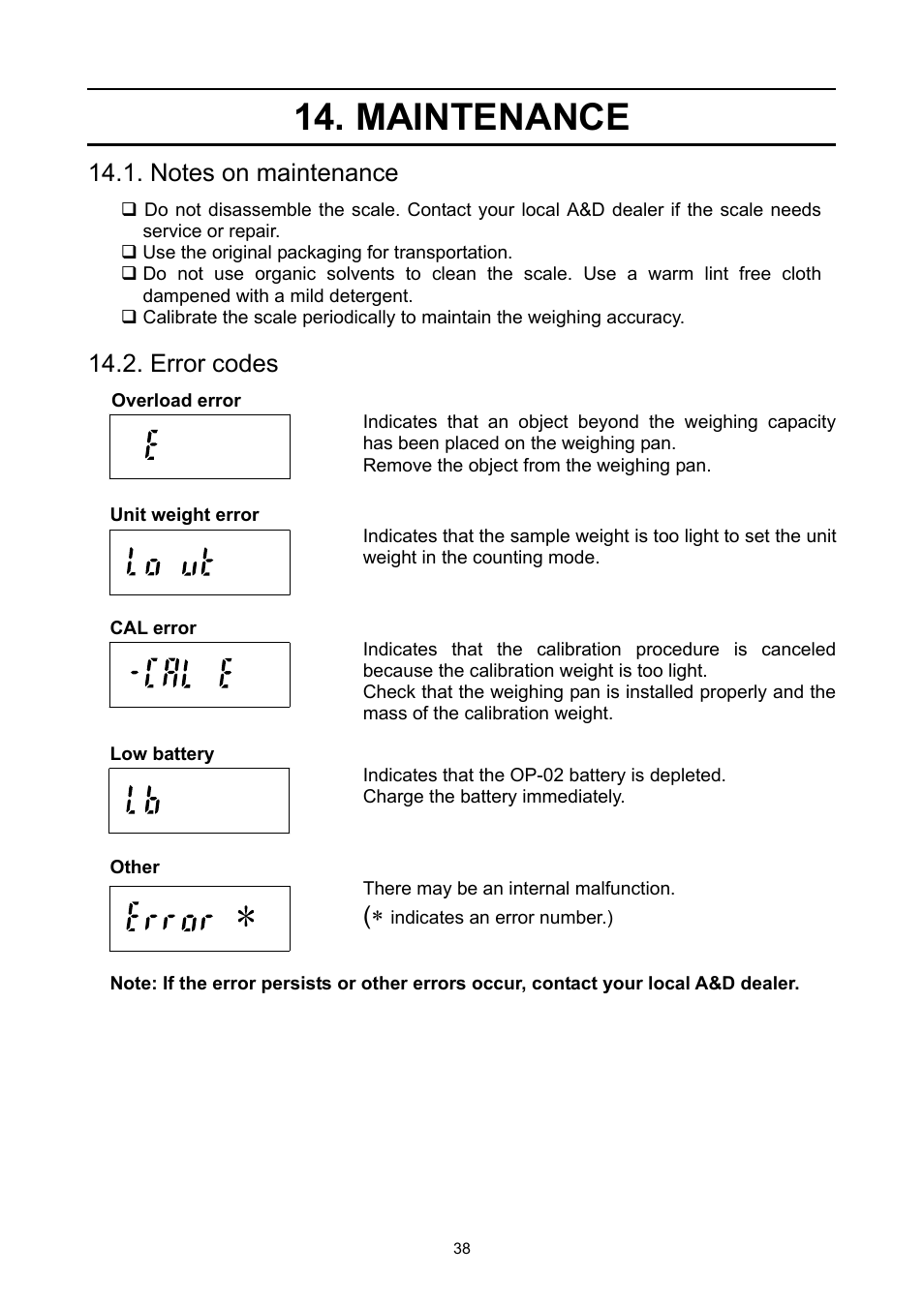 Maintenance, Error codes | A&D Super Wash Down Scales SW-150KL User Manual | Page 40 / 46