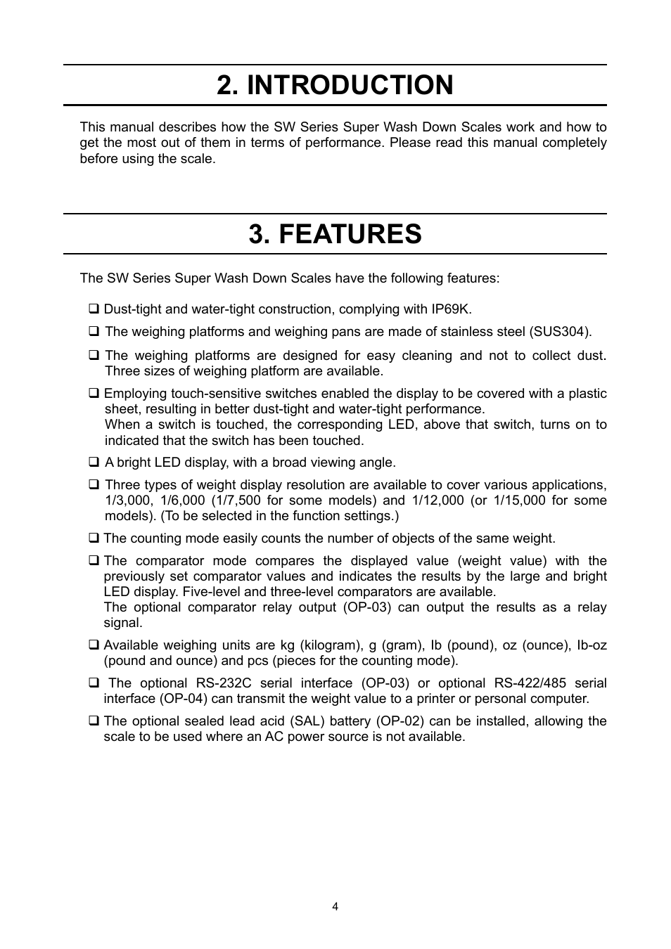 Introduction, Features | A&D Super Wash Down Scales SW-150KL User Manual | Page 6 / 46