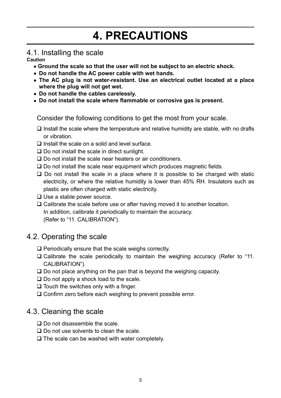 Precautions, Installing the scale, Operating the scale | Cleaning the scale | A&D Super Wash Down Scales SW-150KL User Manual | Page 7 / 46