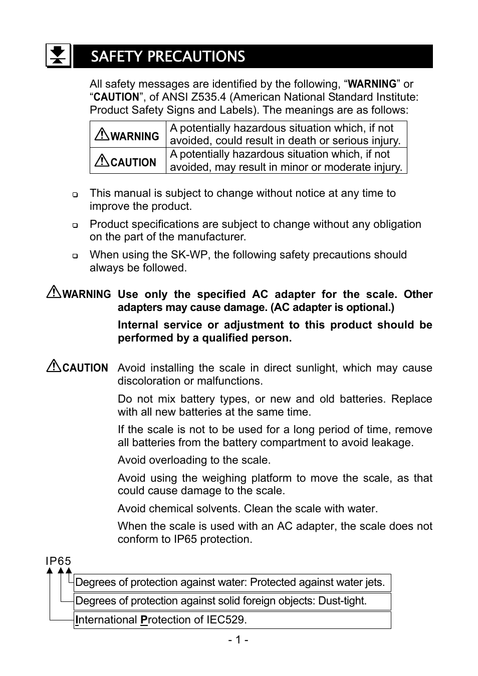 Safety precautions | A&D Digital Scale SK-1000WP User Manual | Page 2 / 10