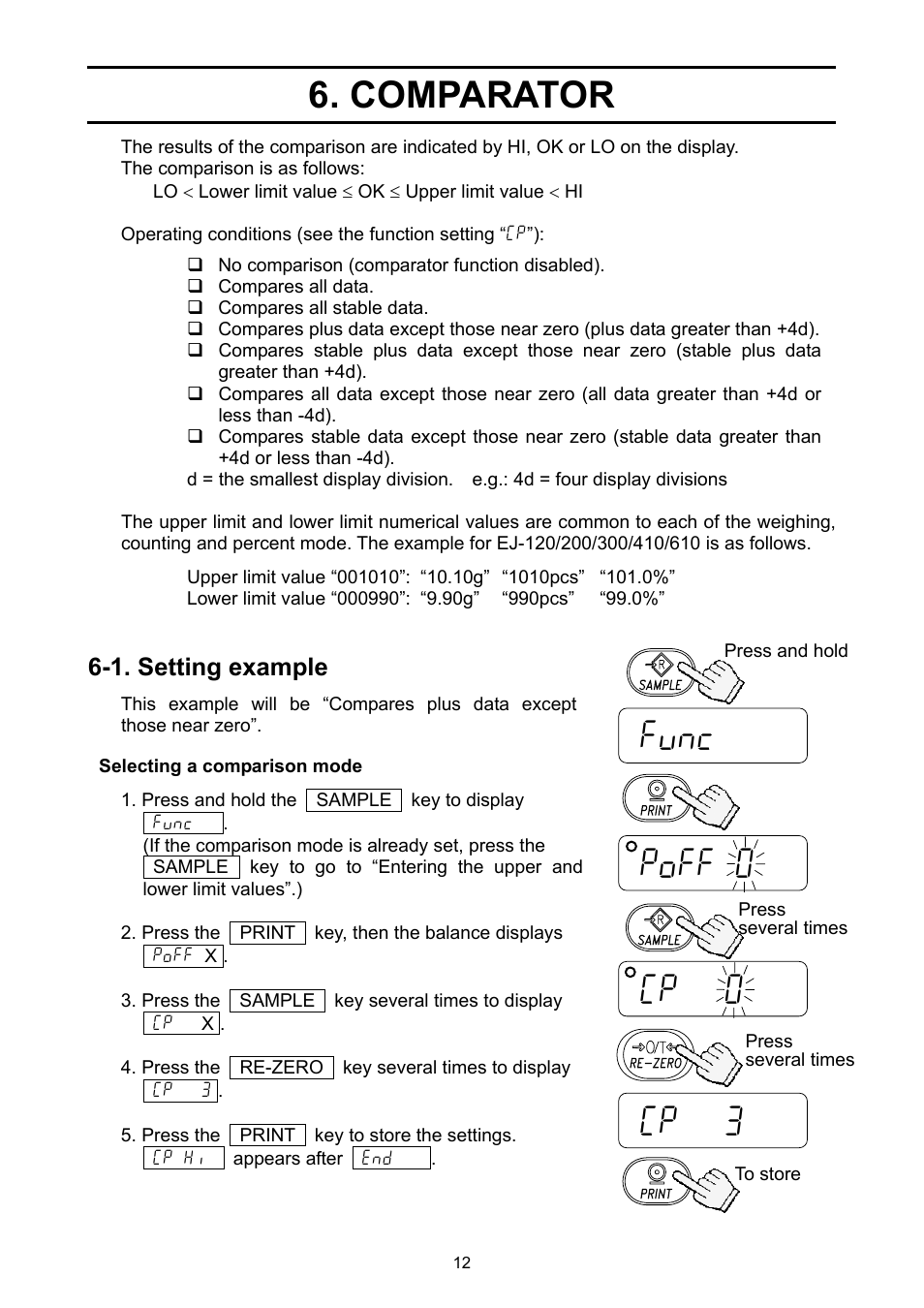 Comparator, Poff 0 cp 0 cp 3, Func | 1. setting example | A&D Ej Series Compact Balance EJ-2000 User Manual | Page 14 / 42