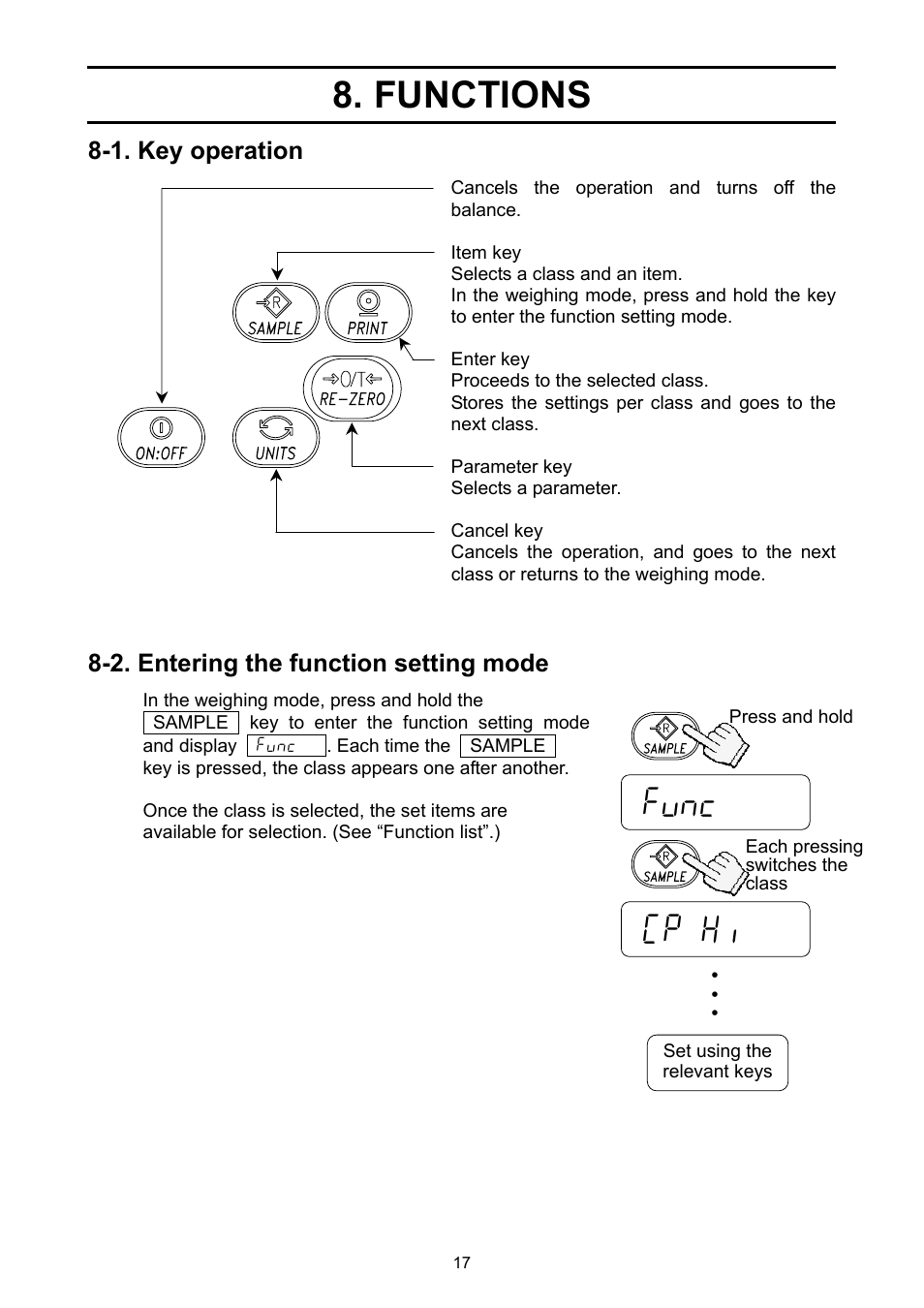 Functions, Func cp hi | A&D Ej Series Compact Balance EJ-2000 User Manual | Page 19 / 42