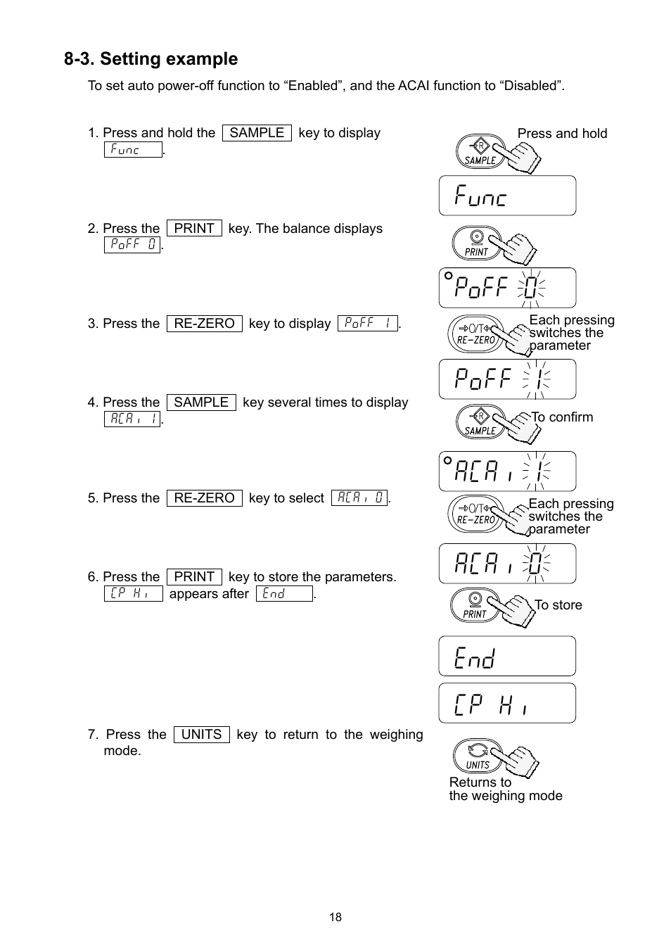 Func poff 0 poff 1 acai 1, Acai 0 end cp hi | A&D Ej Series Compact Balance EJ-2000 User Manual | Page 20 / 42