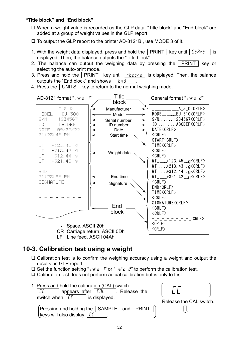 3. calibration test using a weight, End block title block | A&D Ej Series Compact Balance EJ-2000 User Manual | Page 34 / 42