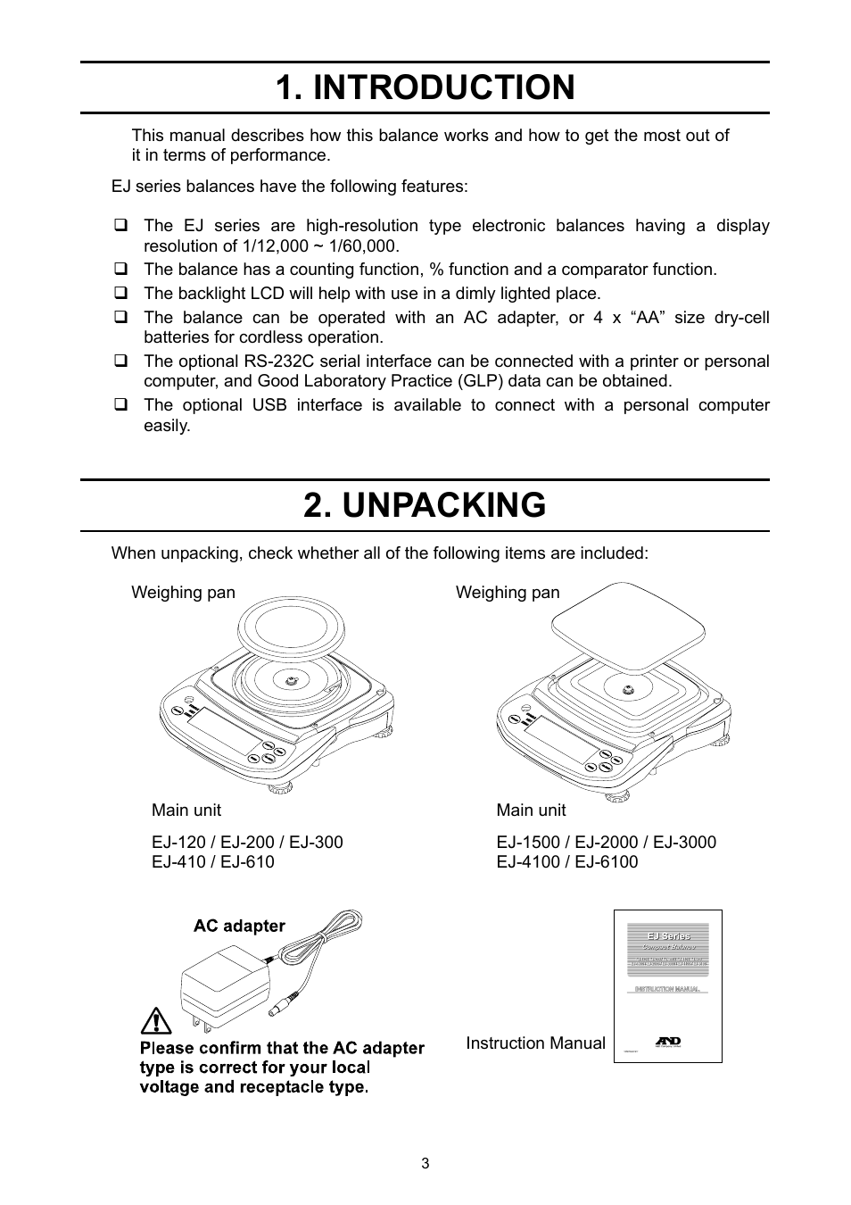 Introduction, Unpacking | A&D Ej Series Compact Balance EJ-2000 User Manual | Page 5 / 42