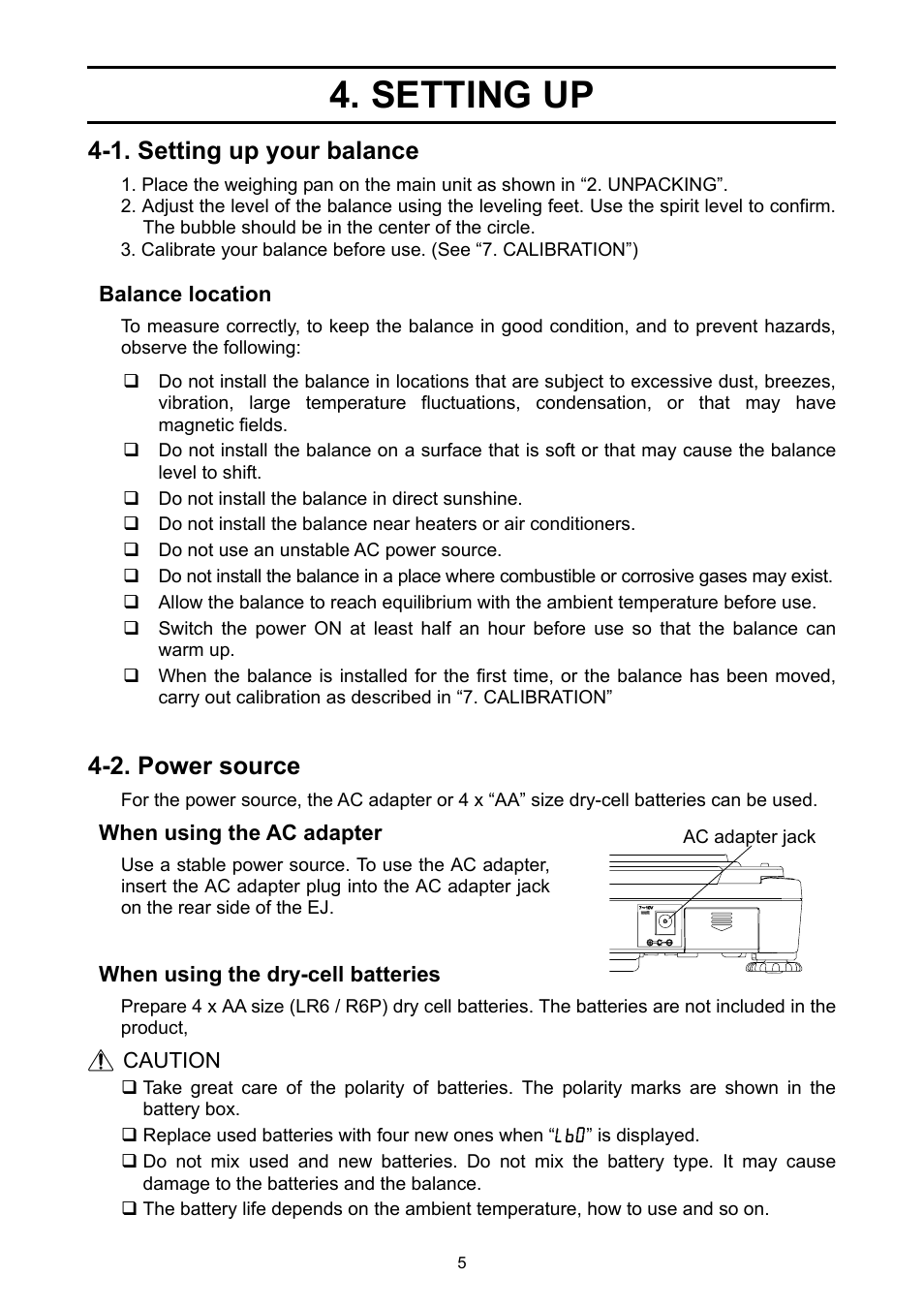 Setting up, 1. setting up your balance, 2. power source | A&D Ej Series Compact Balance EJ-2000 User Manual | Page 7 / 42