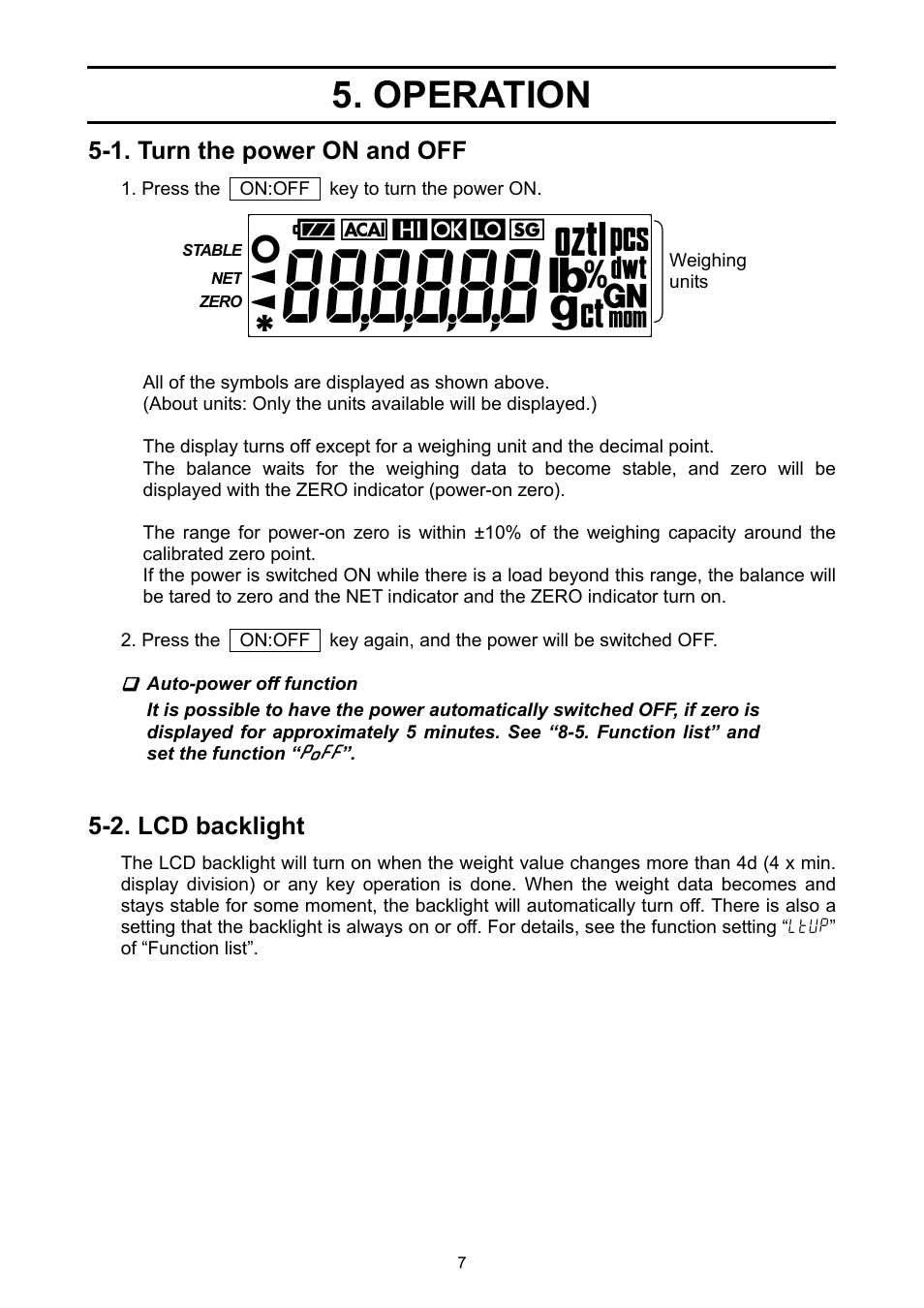 Operation, 1. turn the power on and off, 2. lcd backlight | A&D Ej Series Compact Balance EJ-2000 User Manual | Page 9 / 42