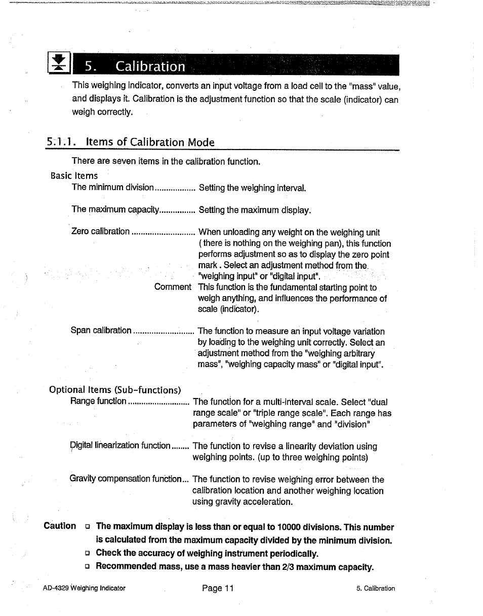 Calibration, 1,1, items of calibration mode, Items of calibration mode | A&D Weighing Indicator AD-4329 User Manual | Page 13 / 56