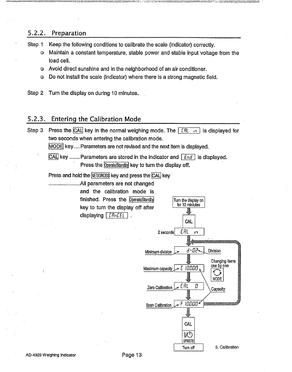 Preparation, Entering the calibration mode, Turn the display on for 10 miniuies | Calibration, Span calibration | A&D Weighing Indicator AD-4329 User Manual | Page 15 / 56