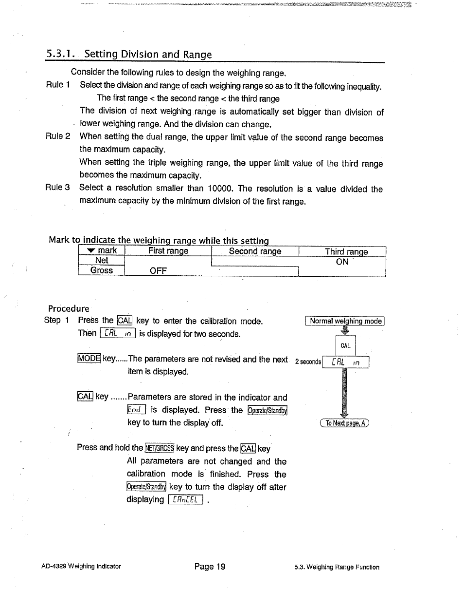 1, setting division and range, Setting division and range | A&D Weighing Indicator AD-4329 User Manual | Page 21 / 56