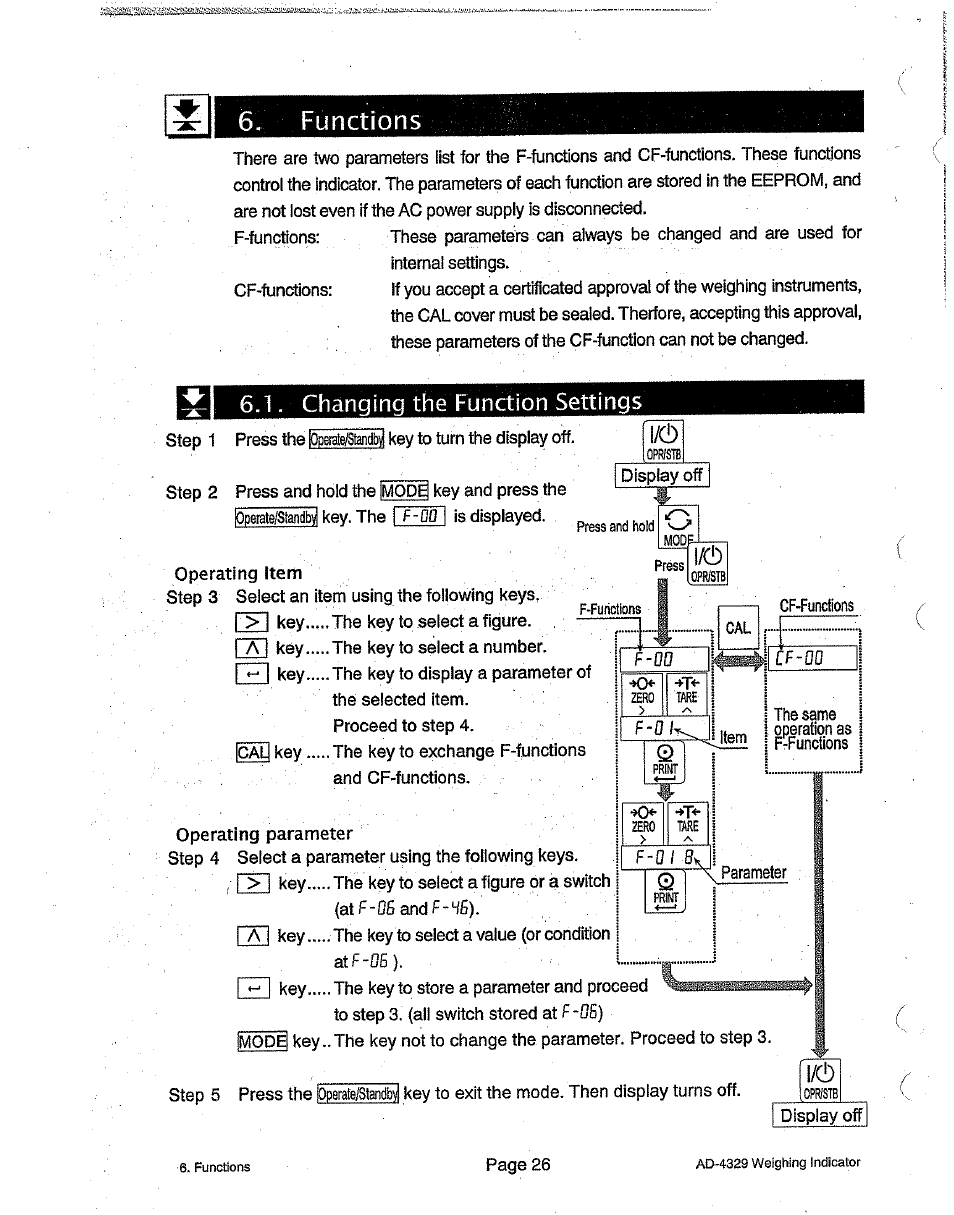 Changing the function settings, I f~q0 i, Functions | Opristb, Press and hold, Press, F-fuhci!ofis, Pperate/standbyl | A&D Weighing Indicator AD-4329 User Manual | Page 28 / 56