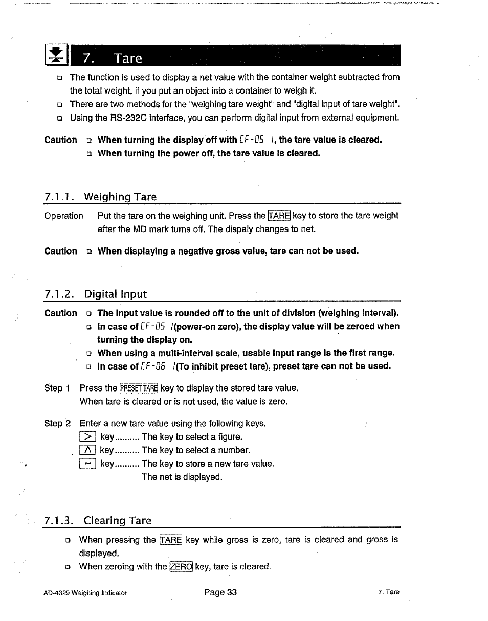 Tare, Weighing tare, Digital input | 3, clearing tare, Clearingtare | A&D Weighing Indicator AD-4329 User Manual | Page 35 / 56