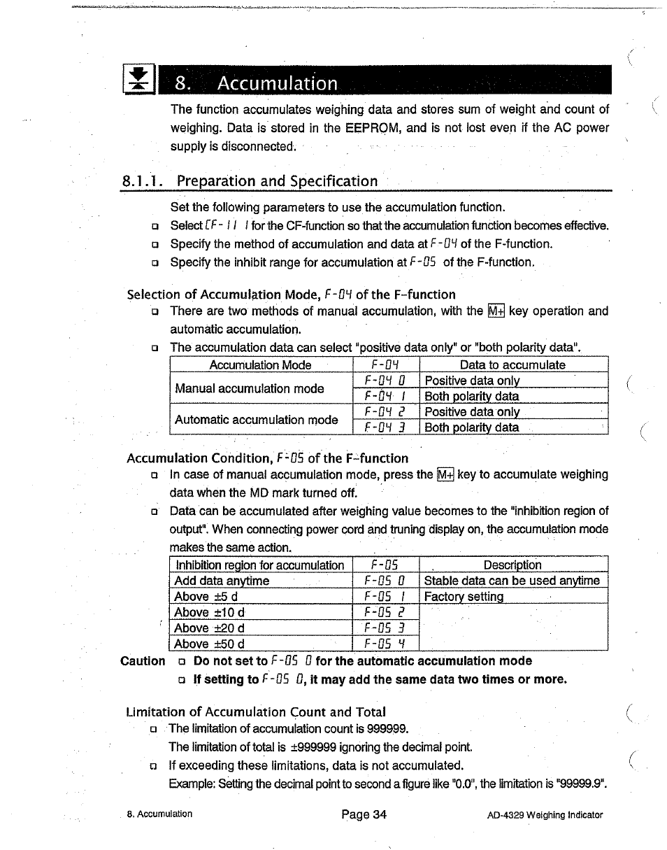 Accumulation, Preparation and specification | A&D Weighing Indicator AD-4329 User Manual | Page 36 / 56