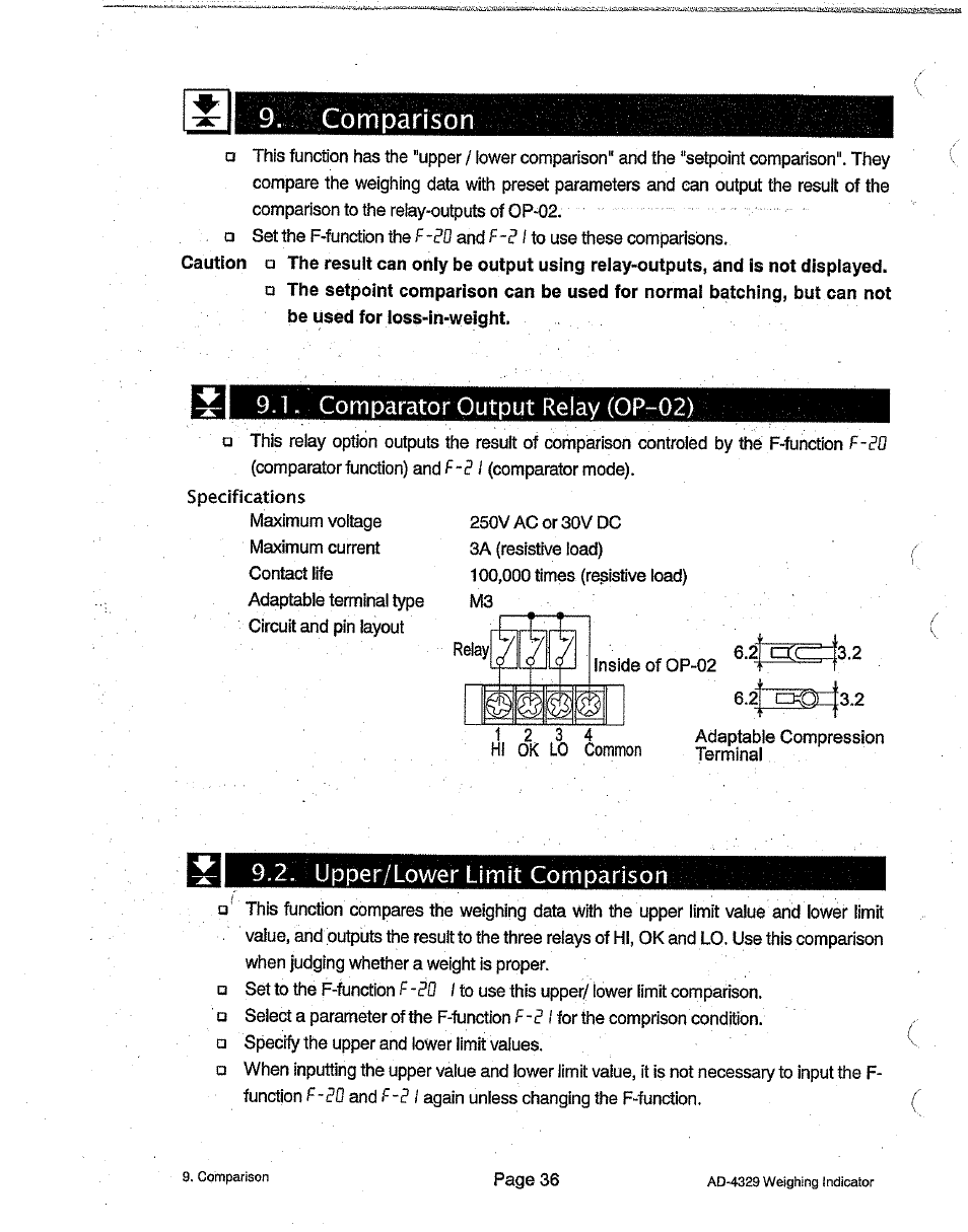 Comparison, Comparator output relay (op-02), Upper/lower limit comparison | A&D Weighing Indicator AD-4329 User Manual | Page 38 / 56