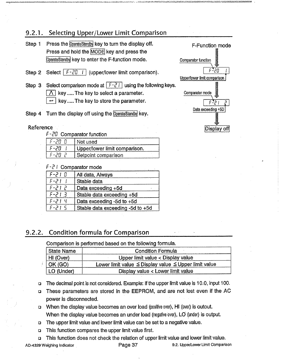 1, selecting upper/lower limit comparison, 2,2. condition formula for comparison, Selecting upper/lower limit comparison | Condition formula for comparison | A&D Weighing Indicator AD-4329 User Manual | Page 39 / 56