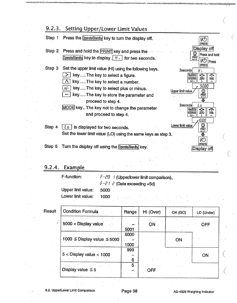 I/(!), 4, example, Example | 9,2,3. setting upper/lower limit values | A&D Weighing Indicator AD-4329 User Manual | Page 40 / 56